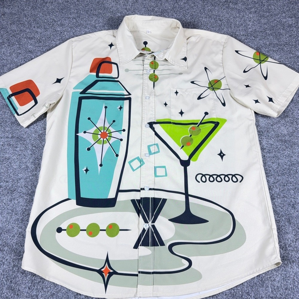 Mens Retro Cocktail Martini‎ Print Short Sleeve Shirt Medium